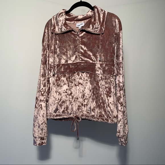 Frank & Oak pink crushed velvet top quarter zip size M soft shiny sweater shirt - Picture 2 of 8
